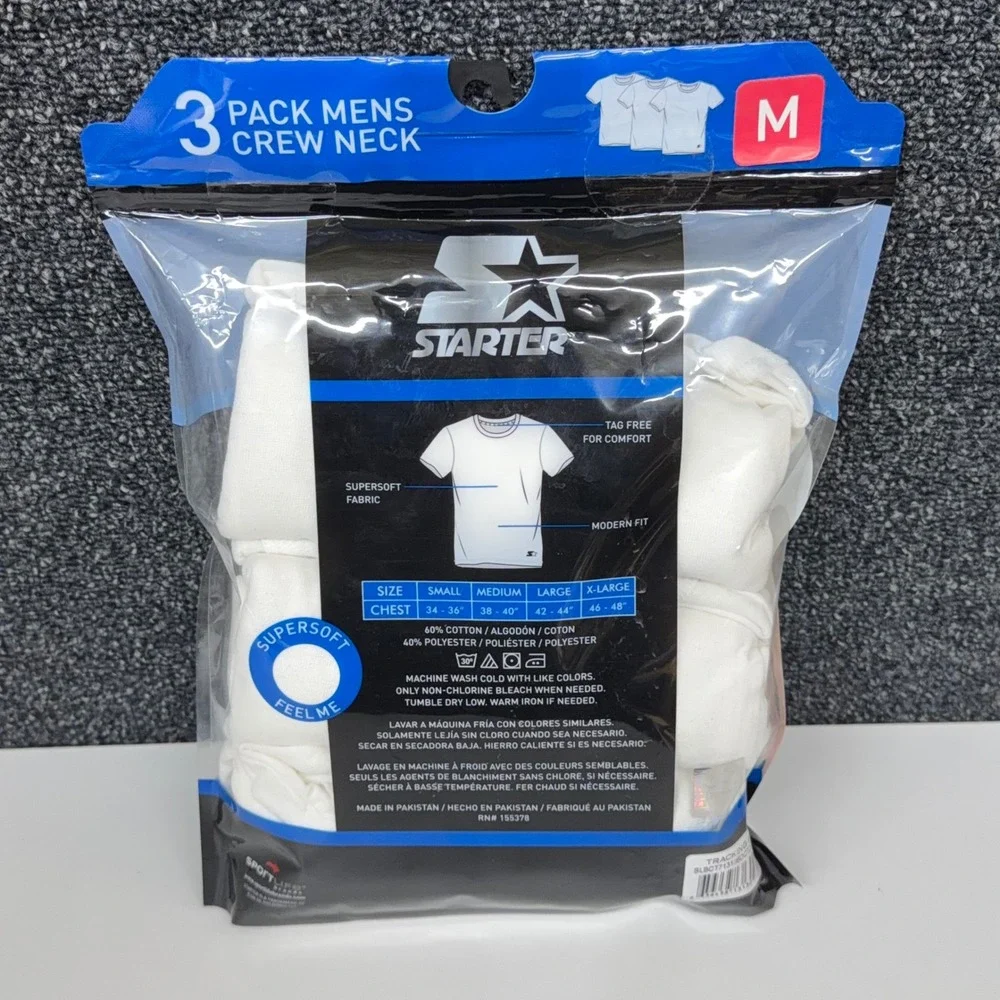 Starter Mens 3 Pack Crew Neck Undershirts White Modern Fit Cotton Essentials M